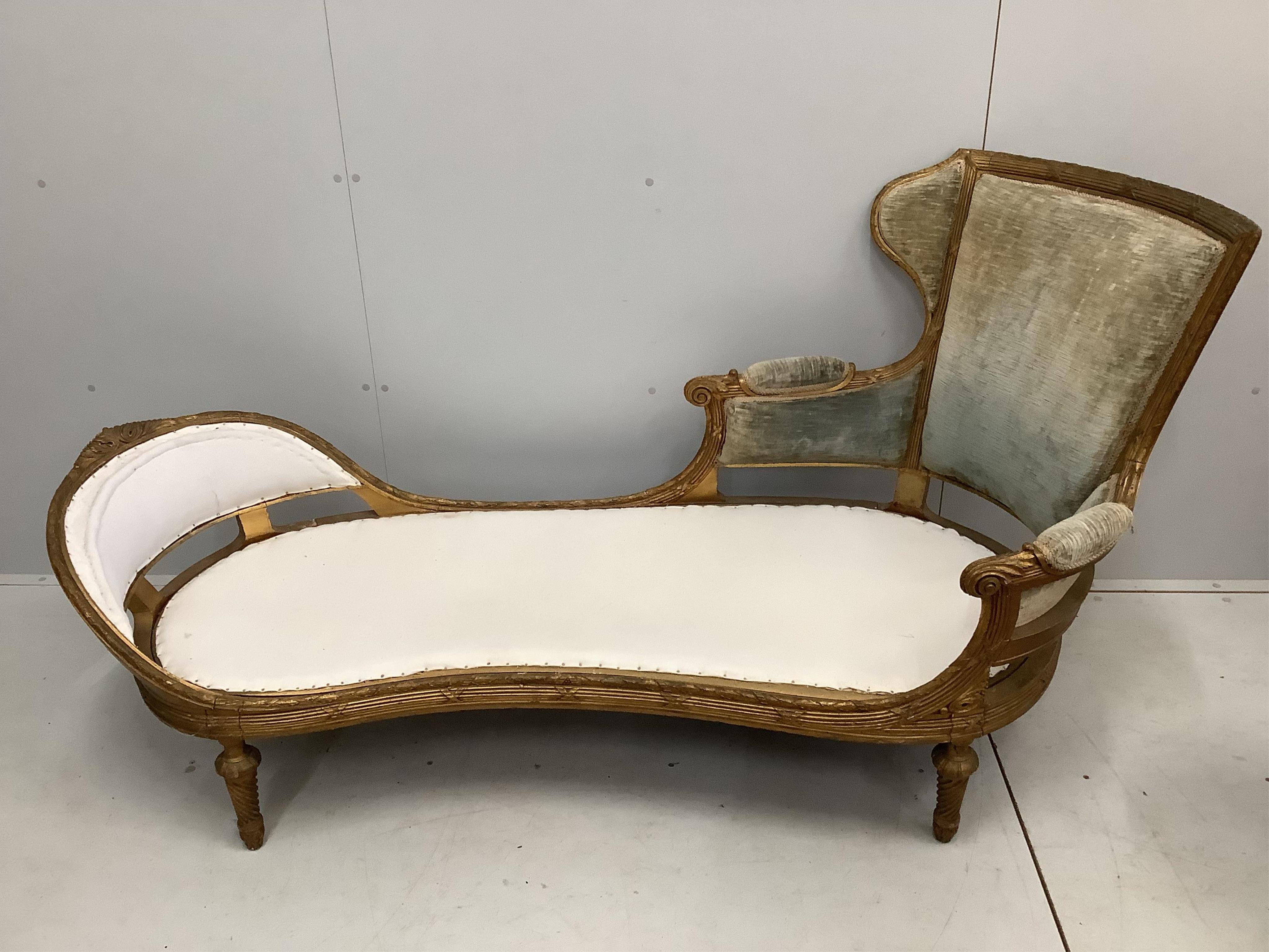 A 19th century Louis XVI style carved giltwood daybed, width 190cm, depth 80cm, height 96cm. Condition fair to good.